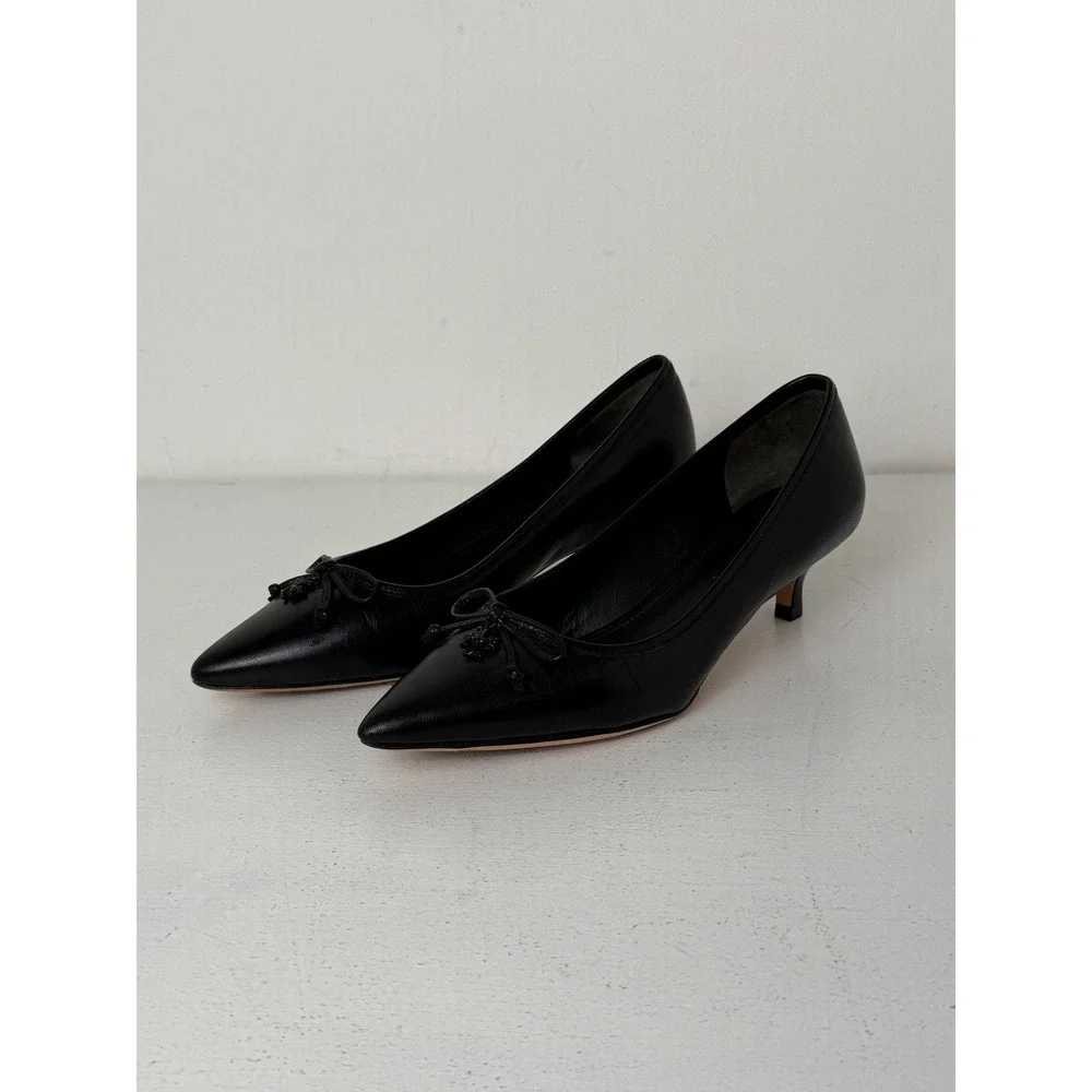 Tory Burch Black Leather Pointed Toe Kitten Heels with Bow Detail Size 6M